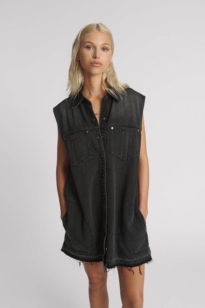 One Teaspoon Faded Black Denim Shirt Dress