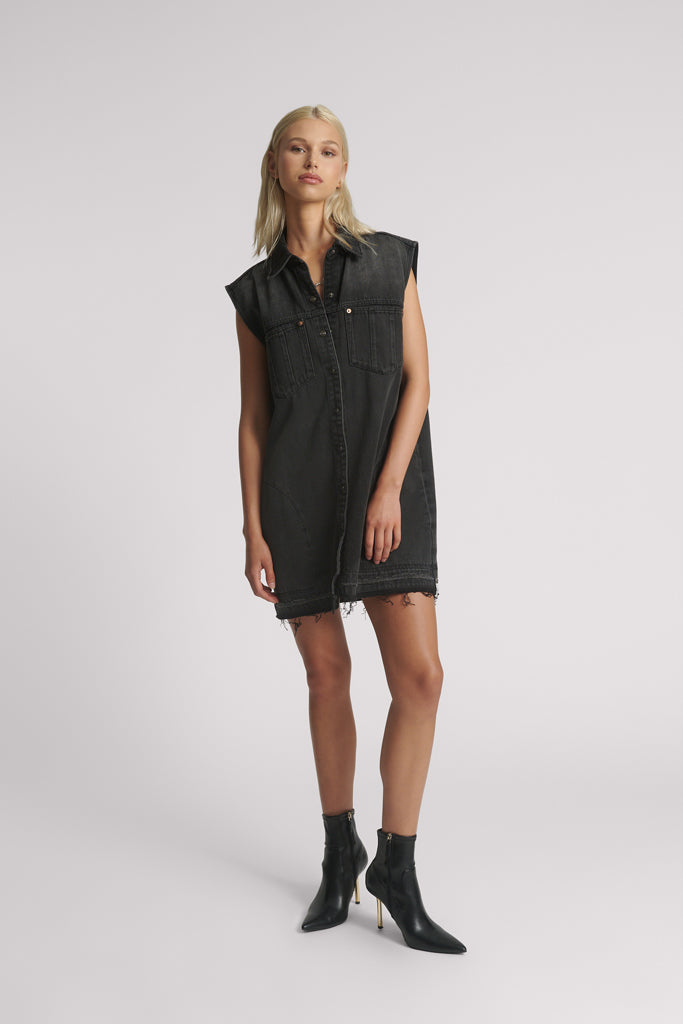 One Teaspoon Faded Black Denim Shirt Dress