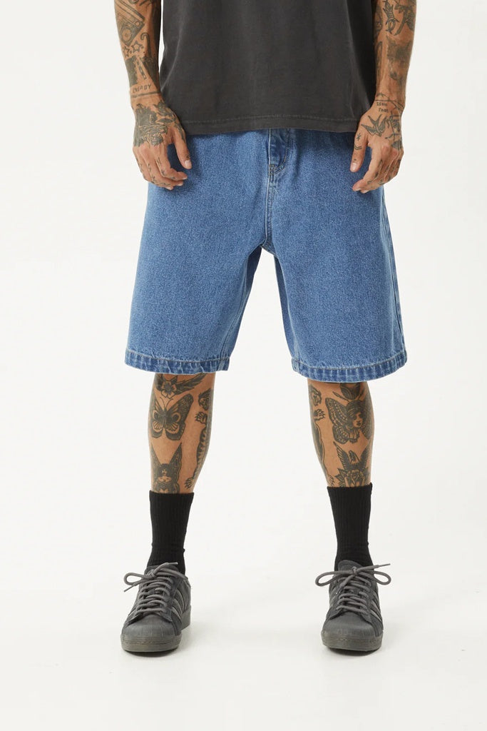 Afends Lil C Denim Baggy Fit Short 22 Inch Worn Blue