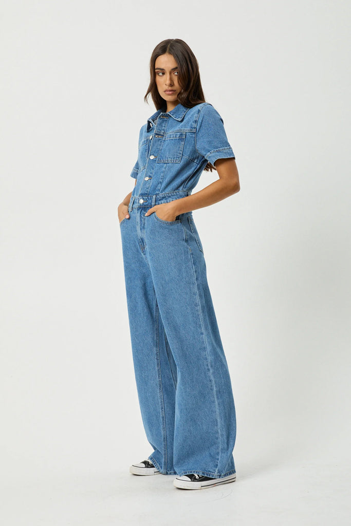 Afends Miami Hemp Denim Flared Jumpsuit Worn Blue