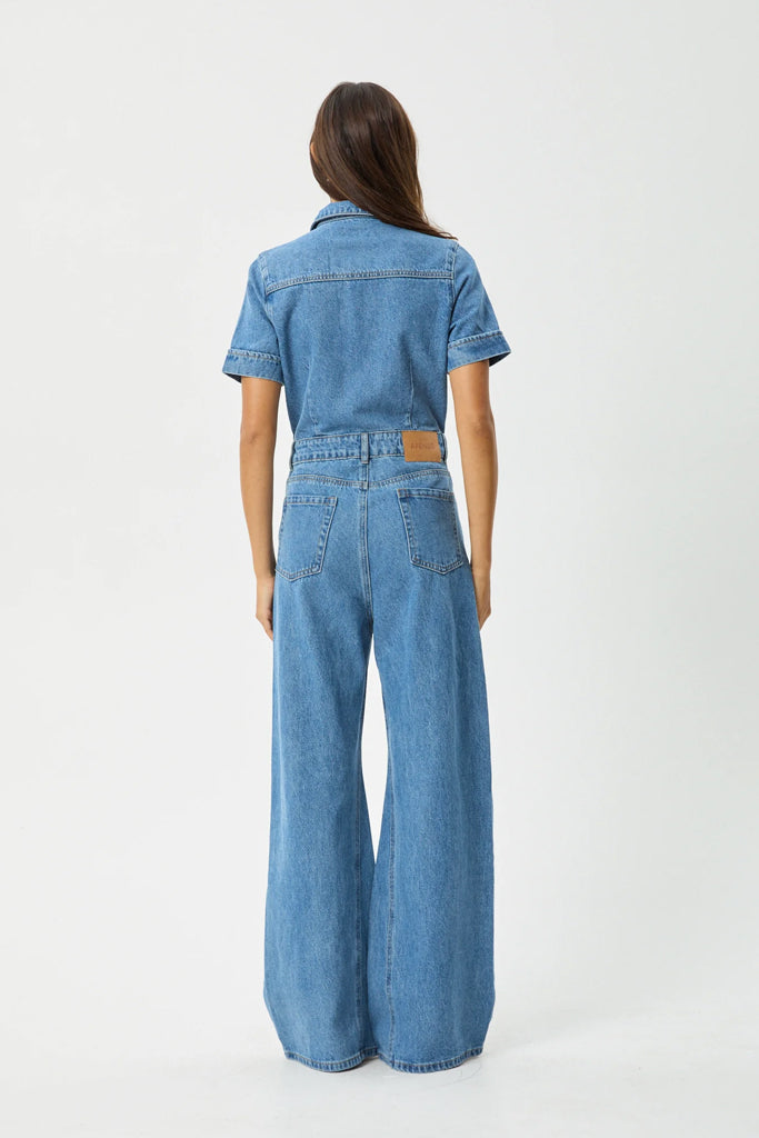 Afends Miami Hemp Denim Flared Jumpsuit Worn Blue