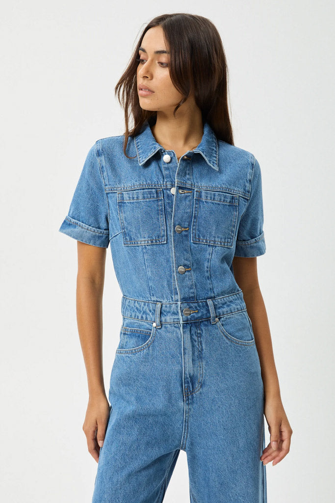 Afends Miami Hemp Denim Flared Jumpsuit Worn Blue