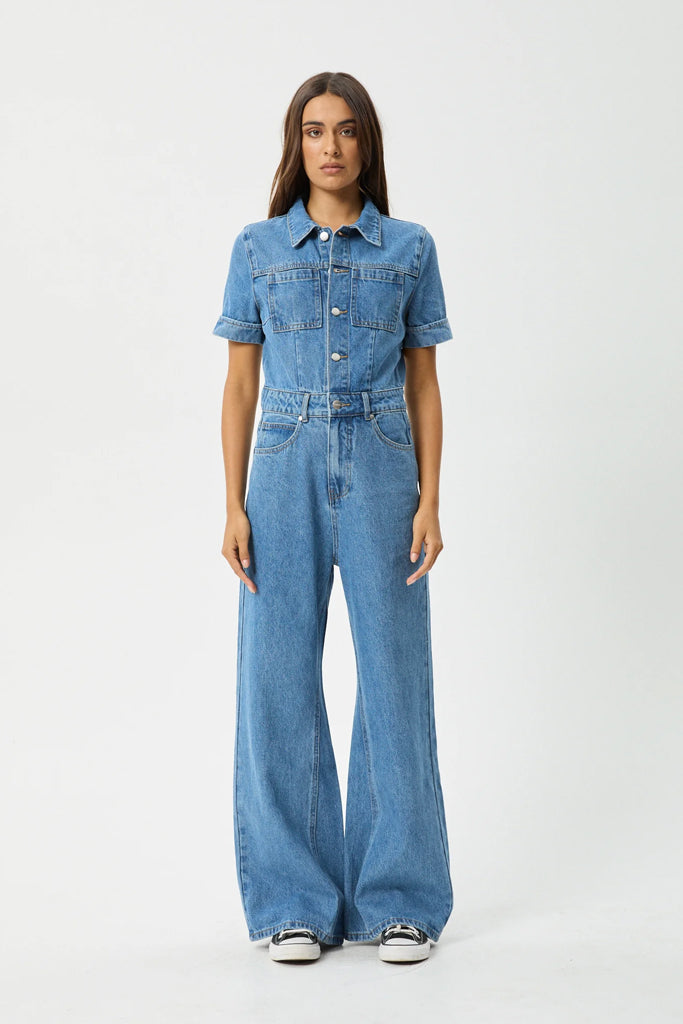 Afends Miami Hemp Denim Flared Jumpsuit Worn Blue