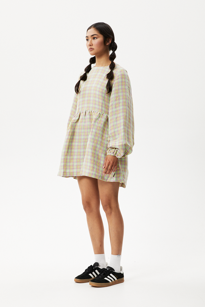 Afends Kali Hemp Check Long Sleeve Dress Pistachio Check