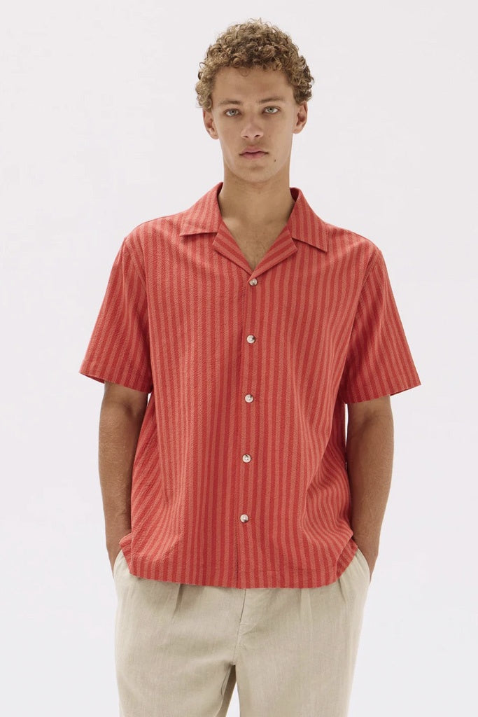 Assembly Pierce Seersucker Stripe Short Sleeve Shirt Papaya