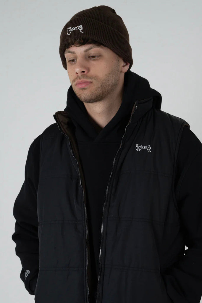Crate Mens Reversible Puffer Vest Black Dark Brown