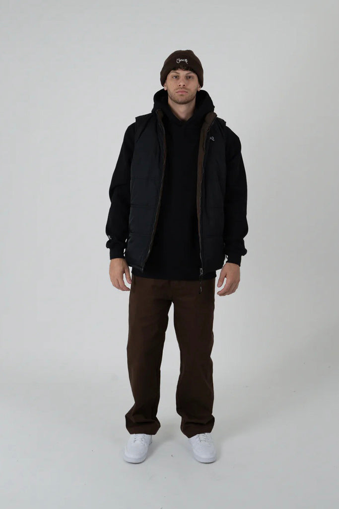 Crate Mens Reversible Puffer Vest Black Dark Brown