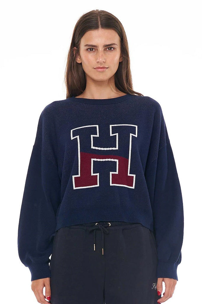 Huffer 3 Baller Crop Intarsia Knit Navy