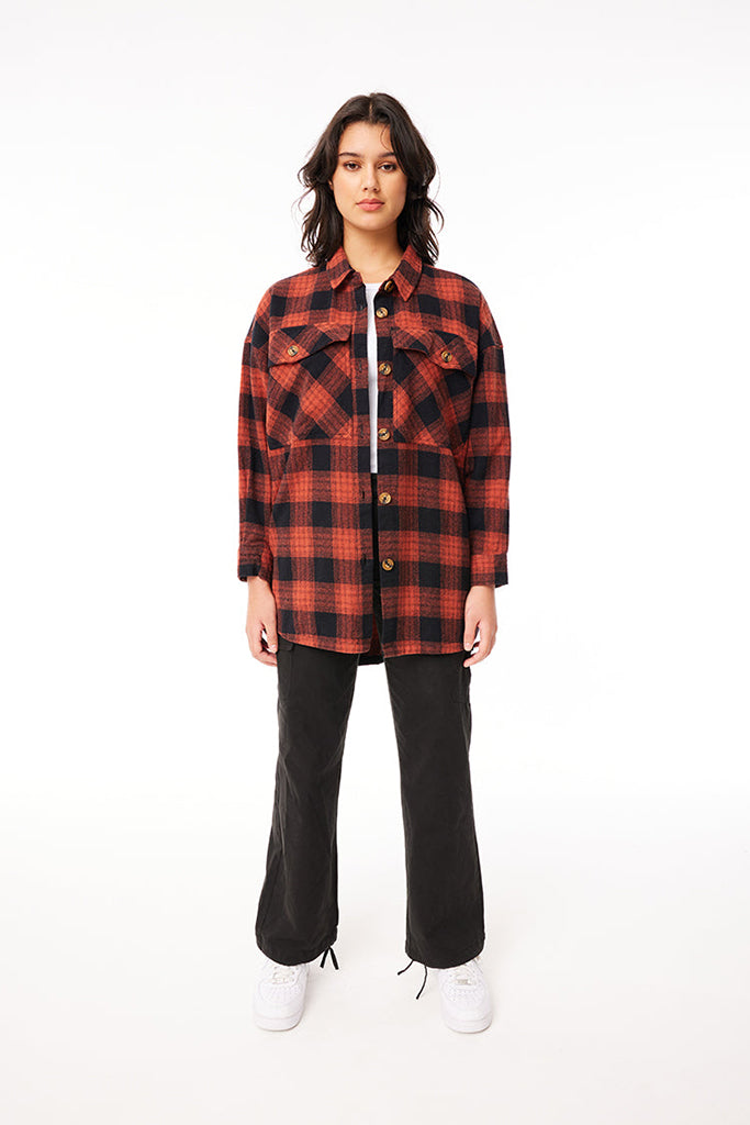 Huffer Wmns Check Shacket Red Fox/Blk