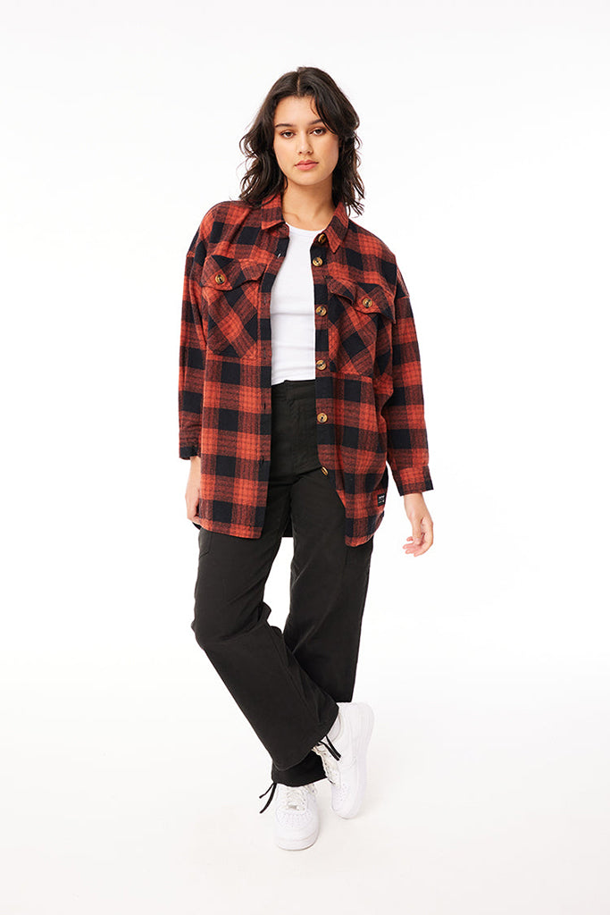 Huffer Wmns Check Shacket Red Fox/Blk