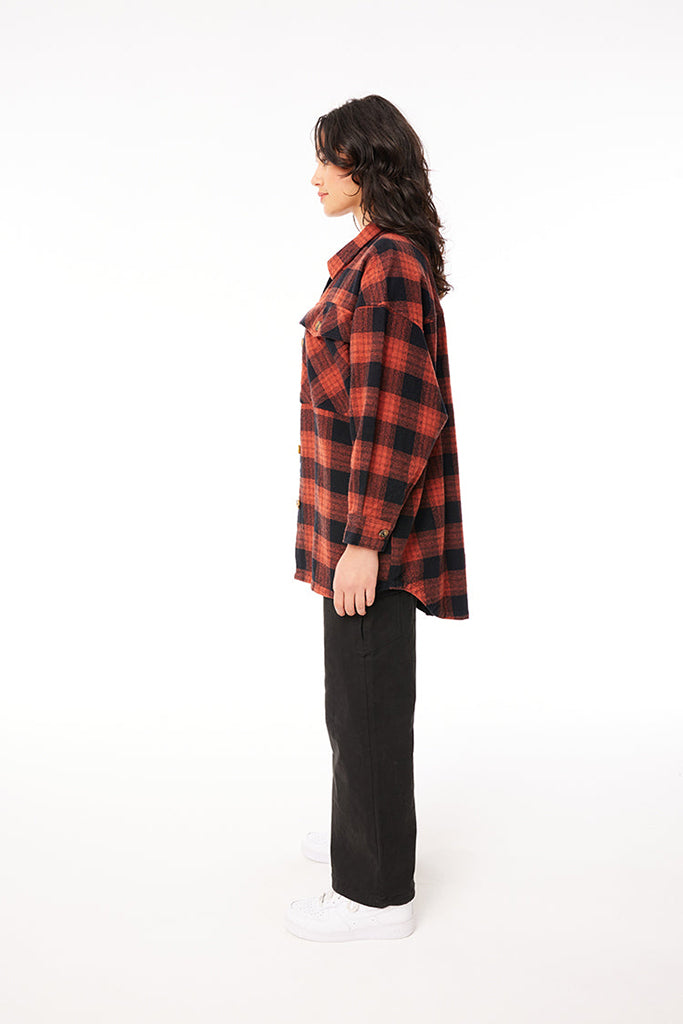 Huffer Wmns Check Shacket Red Fox/Blk