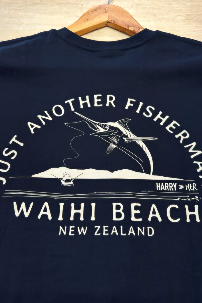 Just Another Fisherman Location Tee Waihi Beach Black