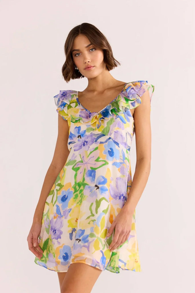 Mink Pink Fable Frill Mini Dress Painterly Floral