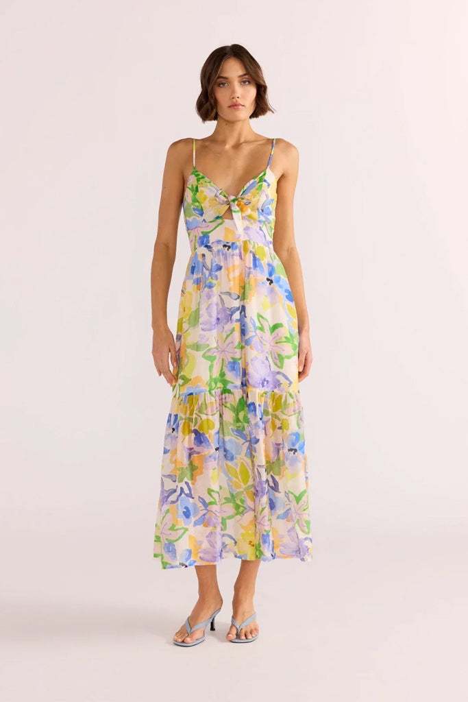 Mink Pink Fable Tie Midi Dress Painterly Floral