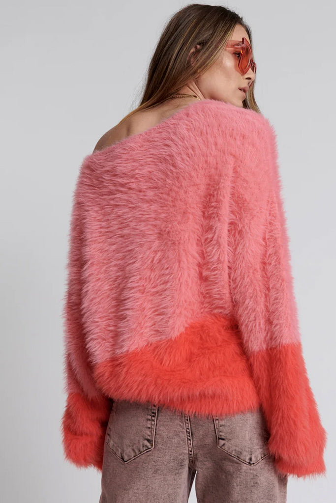 One Teaspoon Fluffy Colour Block Sweater Pink