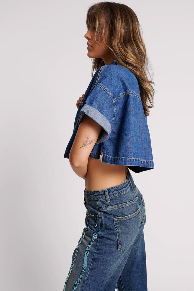 One Teaspoon True Blue Cropped Western Shirt True Blue