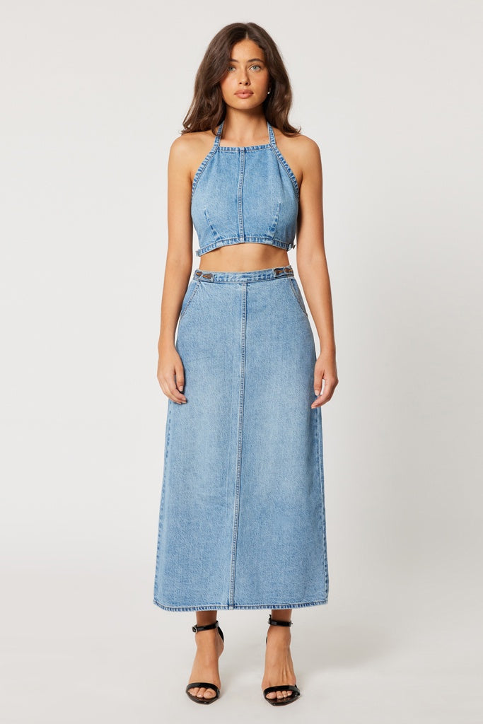 Rollas Charlie Maxi Skirt Denim Mid Vintage Blue