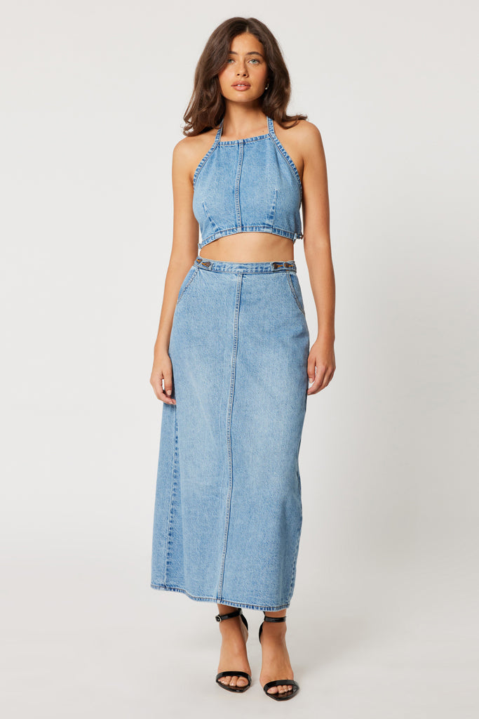 Rollas Charlie Maxi Skirt Denim Mid Vintage Blue