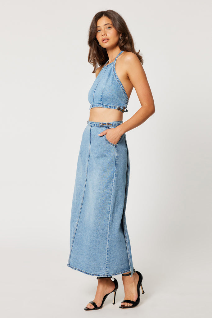 Rollas Charlie Maxi Skirt Denim Mid Vintage Blue