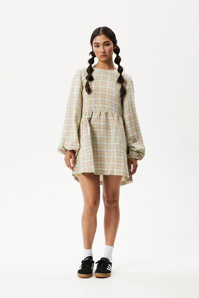 Afends Kali Hemp Check Long Sleeve Dress Pistachio Check