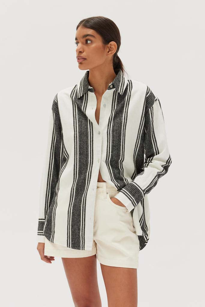 Assembly Tuscany Linen Stripe Long Sleeve Shirt Black/White