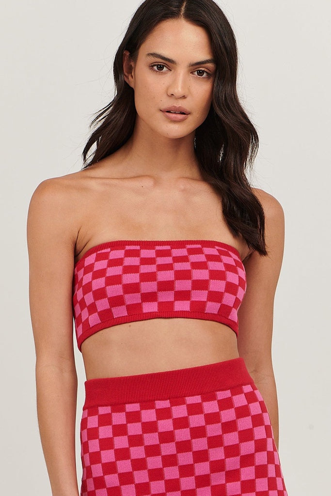 Charlie Holiday Valery Bandeau Top Pink Red Check