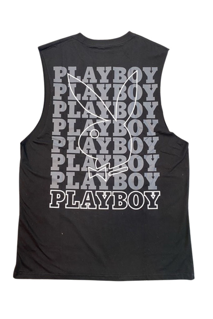 Playboy Linear Classic Bunny Stack Original Fit Muscle Tee Black