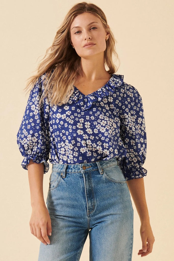 Rollas Kate Floral Brooklyn Blouse Electric blue